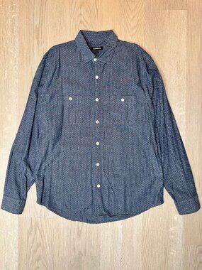 Express Men’s Large Polka Dot Button Down Shirt - Blue White Dotted Chambray - L